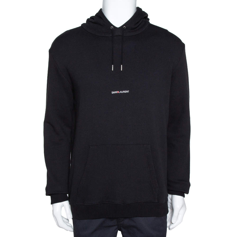 Pre Owned Saint Laurent Black Logo Print Cotton Hooded Sweatshirt L