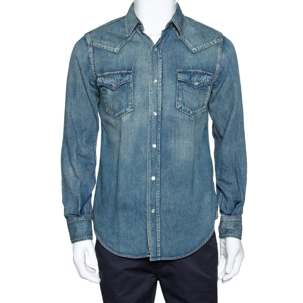مملوكة مسبقًا Saint Laurent Paris Blue Dark Wash Denim Button Front Shirt M
