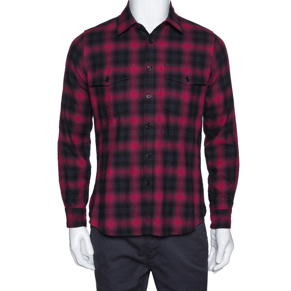 Pre Owned Saint Laurent Paris Red & Black Tartan Plaid Cotton Shirt S