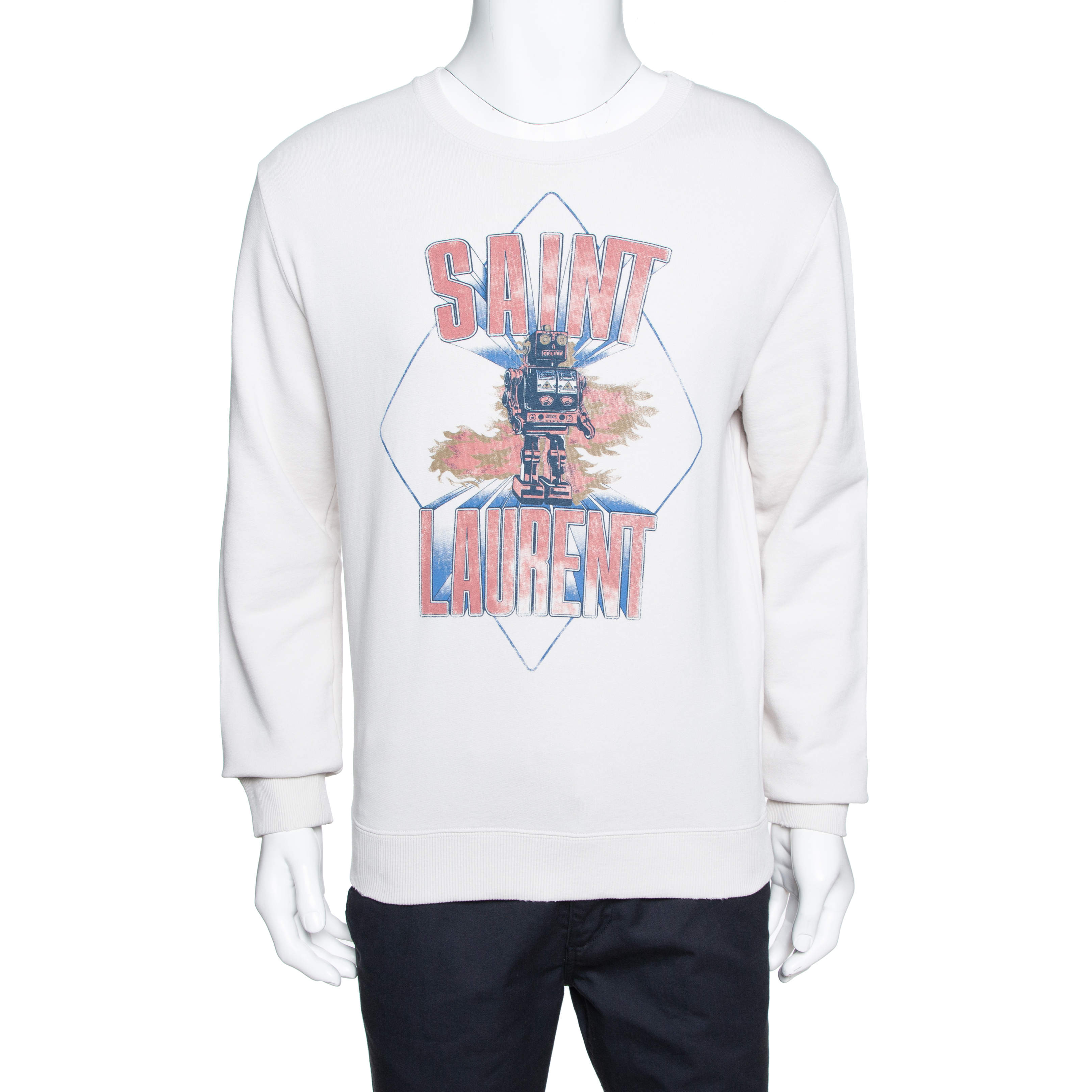 Saint Laurent Paris Ecru Robot Aged Print Distressed Sweatshirt S