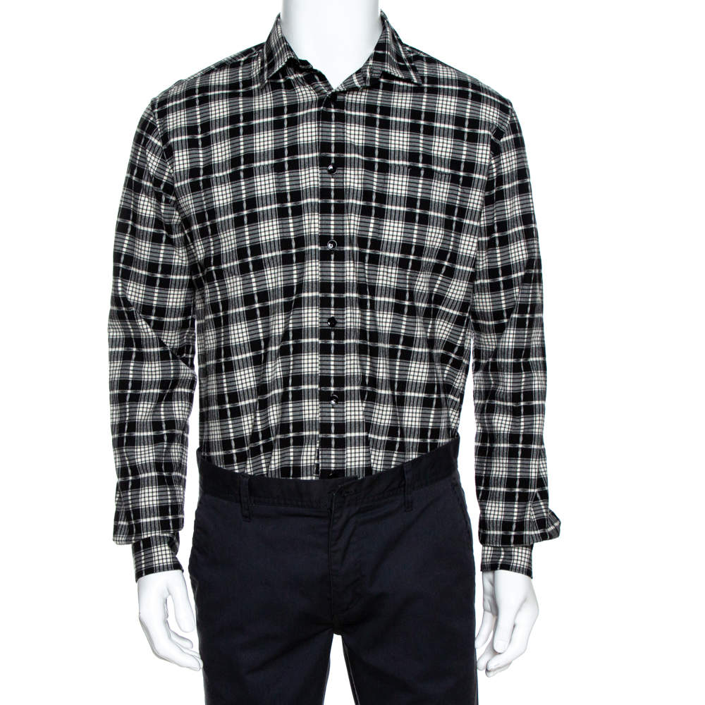 Pre Owned Saint Laurent Paris Monochrome Checked Cotton & Wool Distressed Shirt M
