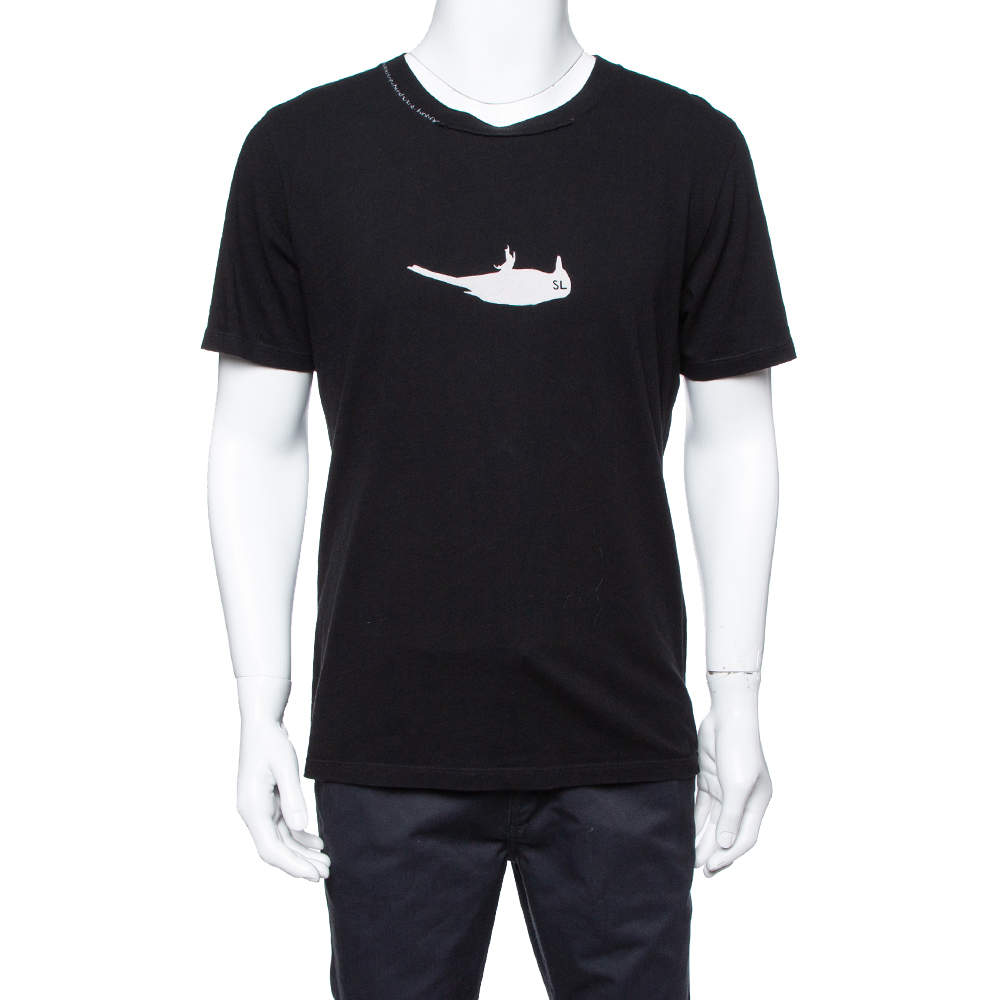 مملوكة مسبقًا Saint Laurent Paris Black Bird Print Cotton Crew Neck T-Shirt L