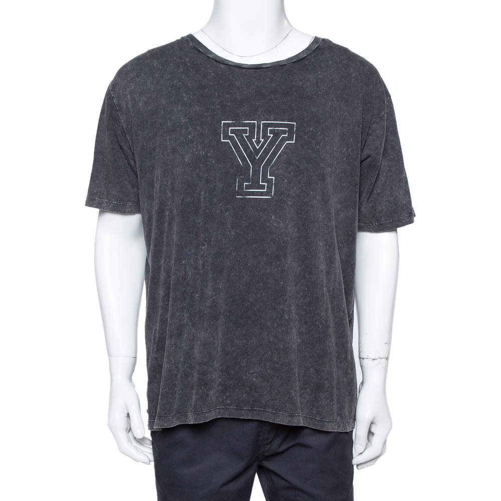 مملوكة مسبقًا Saint Laurent Paris Black Y Printed Cotton Washed Out Effect T Shirt L