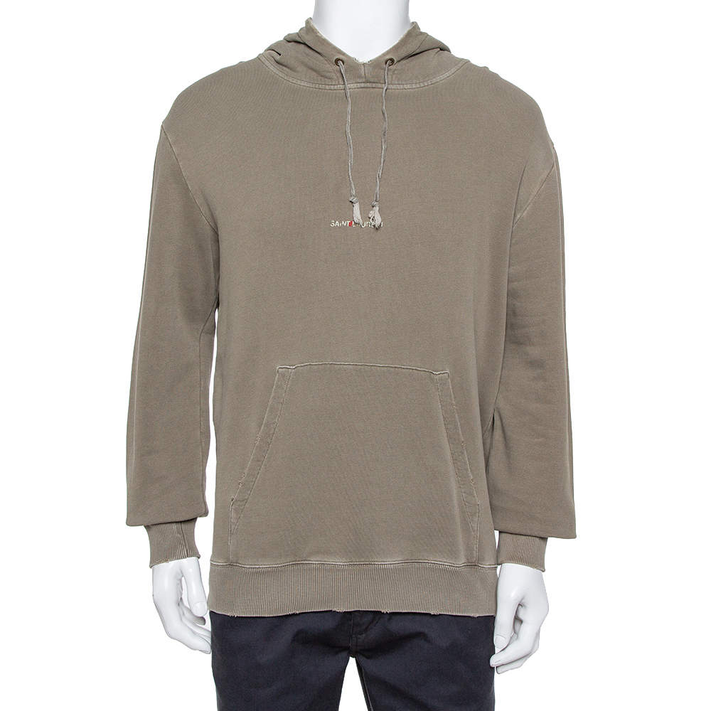 Saint Laurent Paris Khaki Cotton Distressed Washed Out Effect Hoodie M