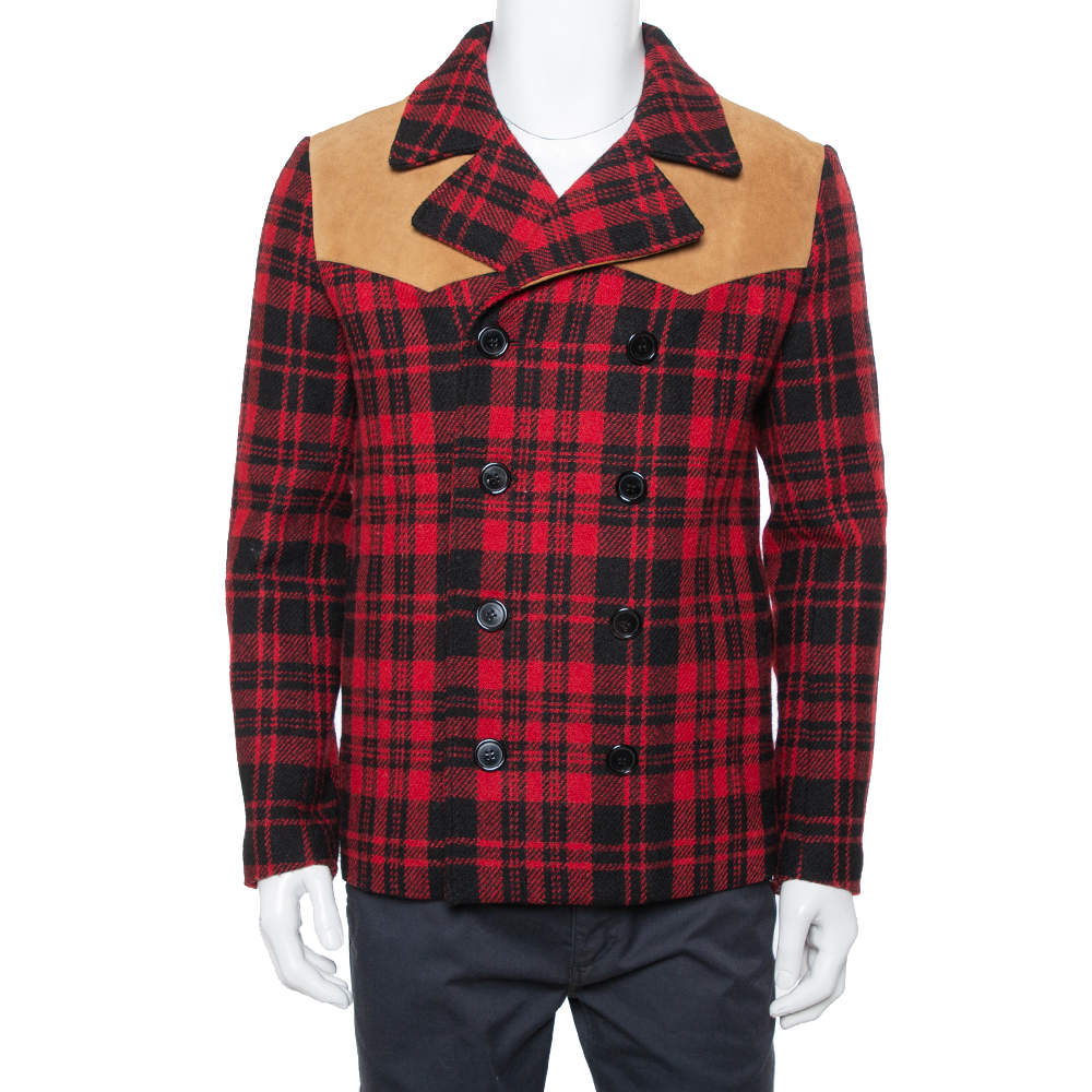 مملوكة مسبقًا معطف سان لوران كابان جلد وصوف تارتان بليد أسود وأحمر مقاس صغير