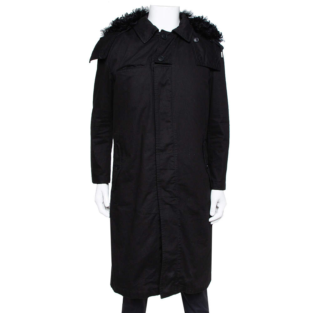 Saint Laurent Paris Black Canvas Fur Lined Hooded Parka XL