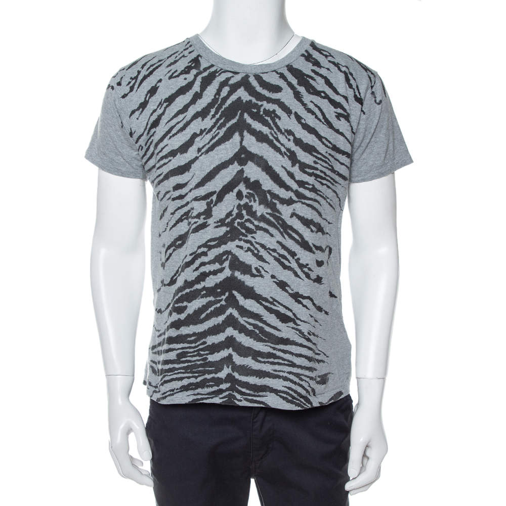 Saint Laurent Paris Grey Tiger Printed Cotton Crewneck T-Shirt M