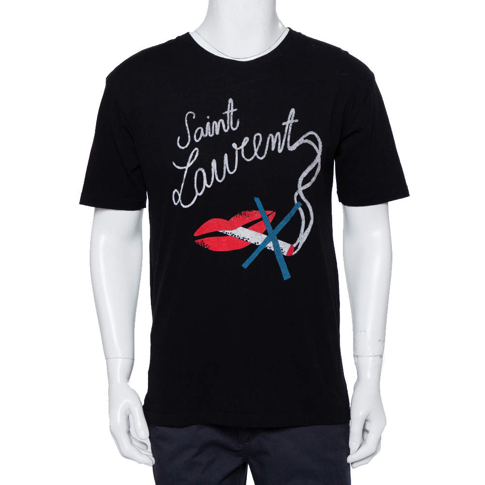 مملوكة مسبقًا تي شيرت سان لوران باريس رقبة مستديرة قطن مطبوع لا للتدخين أسود مقاس صغير جداً (اكس سمول)
