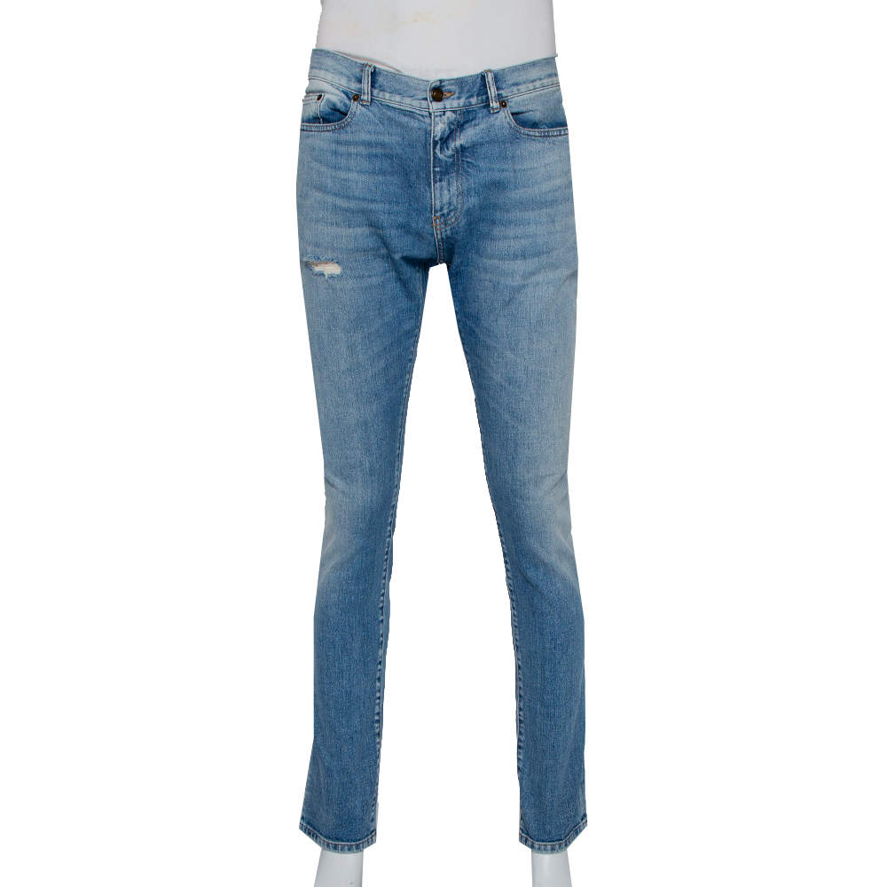 Pre Owned Saint Laurent Paris Blue Faded Denim Distressed Jeans L