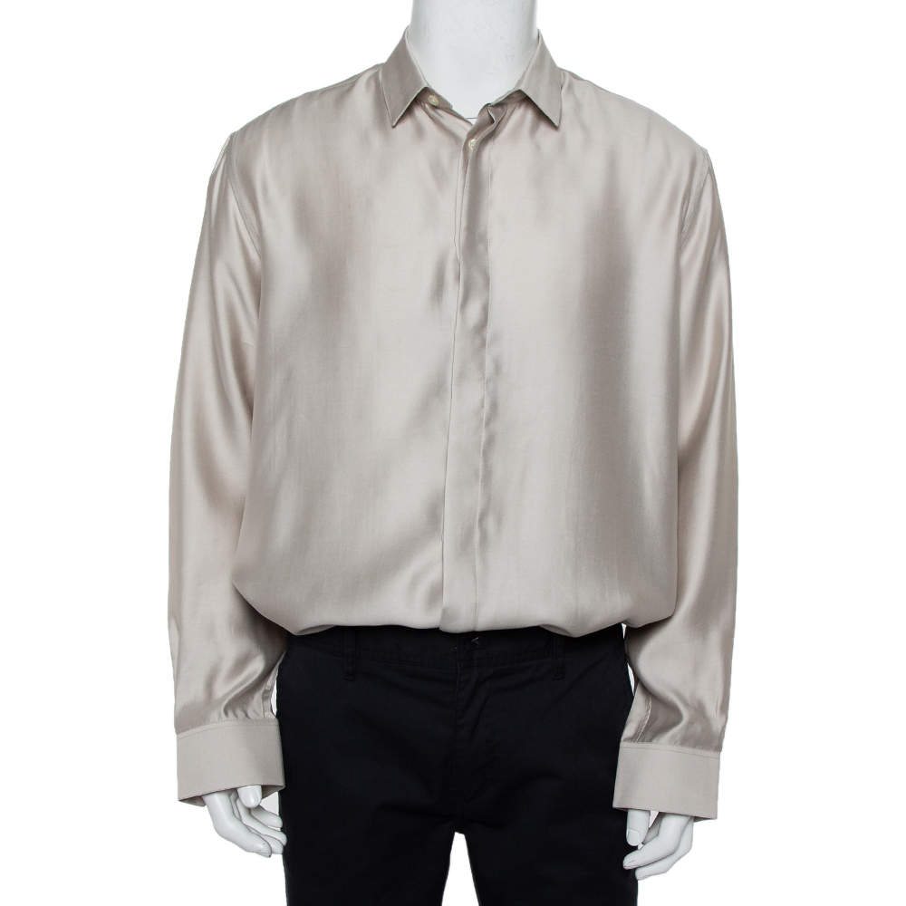 Saint Laurent Paris Beige Modal & Silk Button Front Shirt XXL   