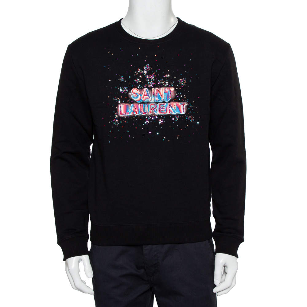Pre Owned Saint Laurent Paris Black Cotton Embellished Logo Detail Crewneck Sweatshirt M
