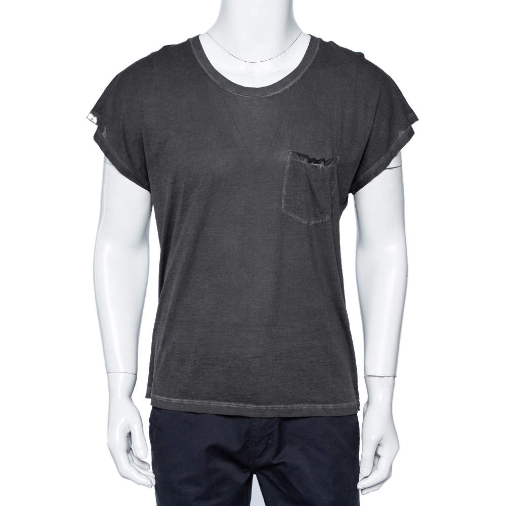 Pre Owned Saint Laurent Paris Charcoal Grey Cotton Washed Detail T-Shirt M
