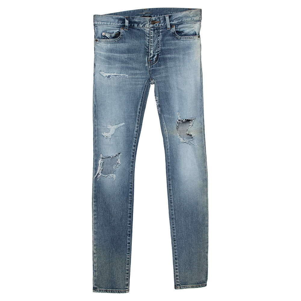 Saint Laurent Paris Blue Washed Out Denim Distressed Jeans S