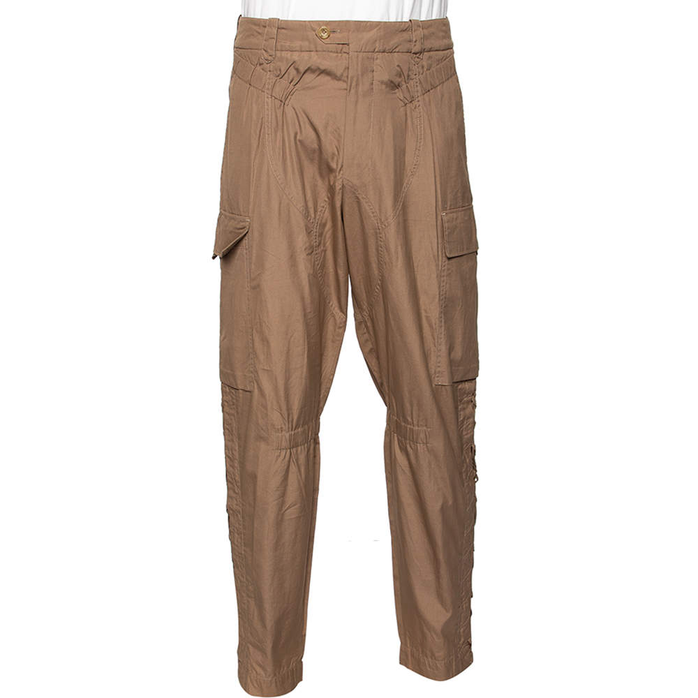 مملوكة مسبقًا بنطلون سان لوران كارغو قطن بيج تفاصيل ربطة متقاطعة مقاس متوسط - ميديوم 