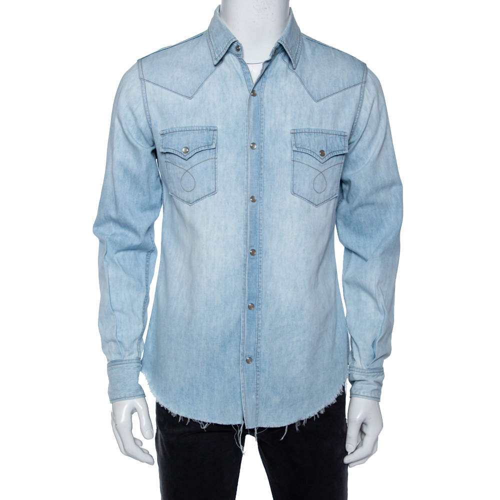 مملوكة مسبقًا Saint Laurent Light Blue Denim Frayed Hem Shirt M