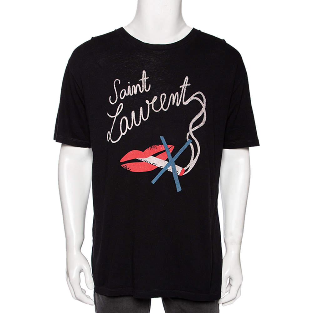 مملوكة مسبقًا Saint Laurent Black Quit Smoking Printed Cotton Roundneck T-Shirt S