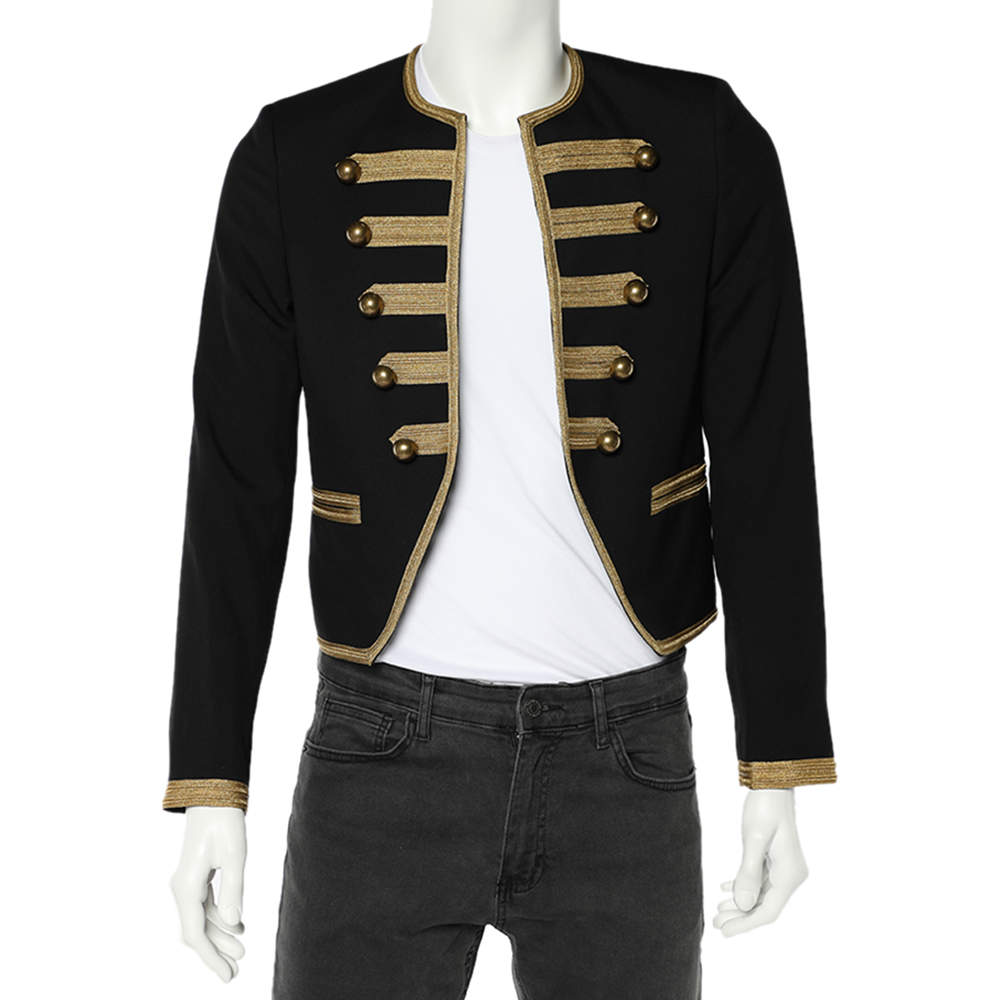 Saint Laurent Black Wool Contrast Trim Military Jacket M