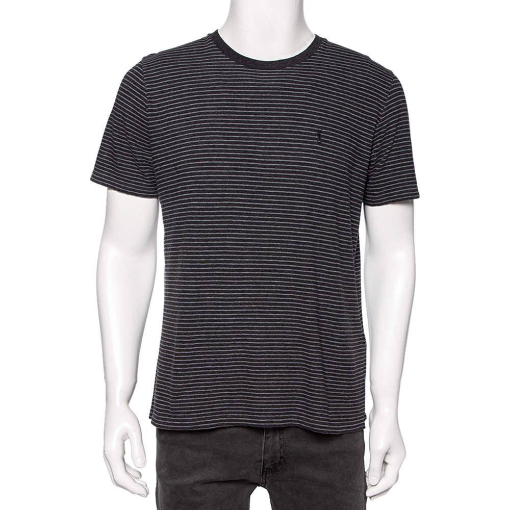 Pre Owned Saint Laurent Charcoal Grey Striped Cotton T-Shirt S