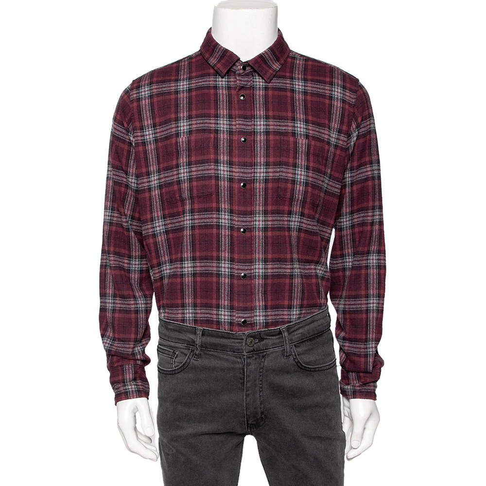 Saint Laurent Burgundy Checked Cotton Button Front Shirt M