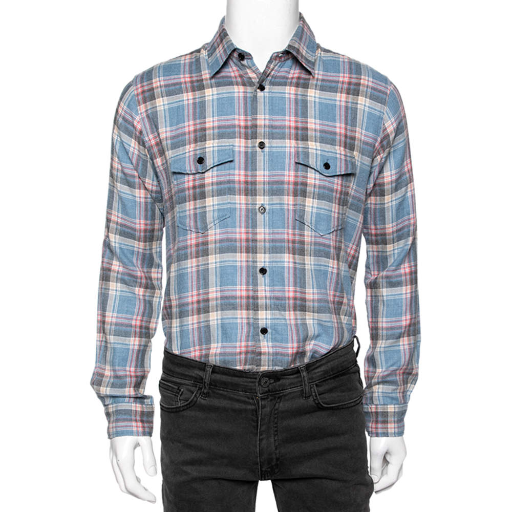 Saint Laurent Blue Checkered Cotton Button Front Shirt M