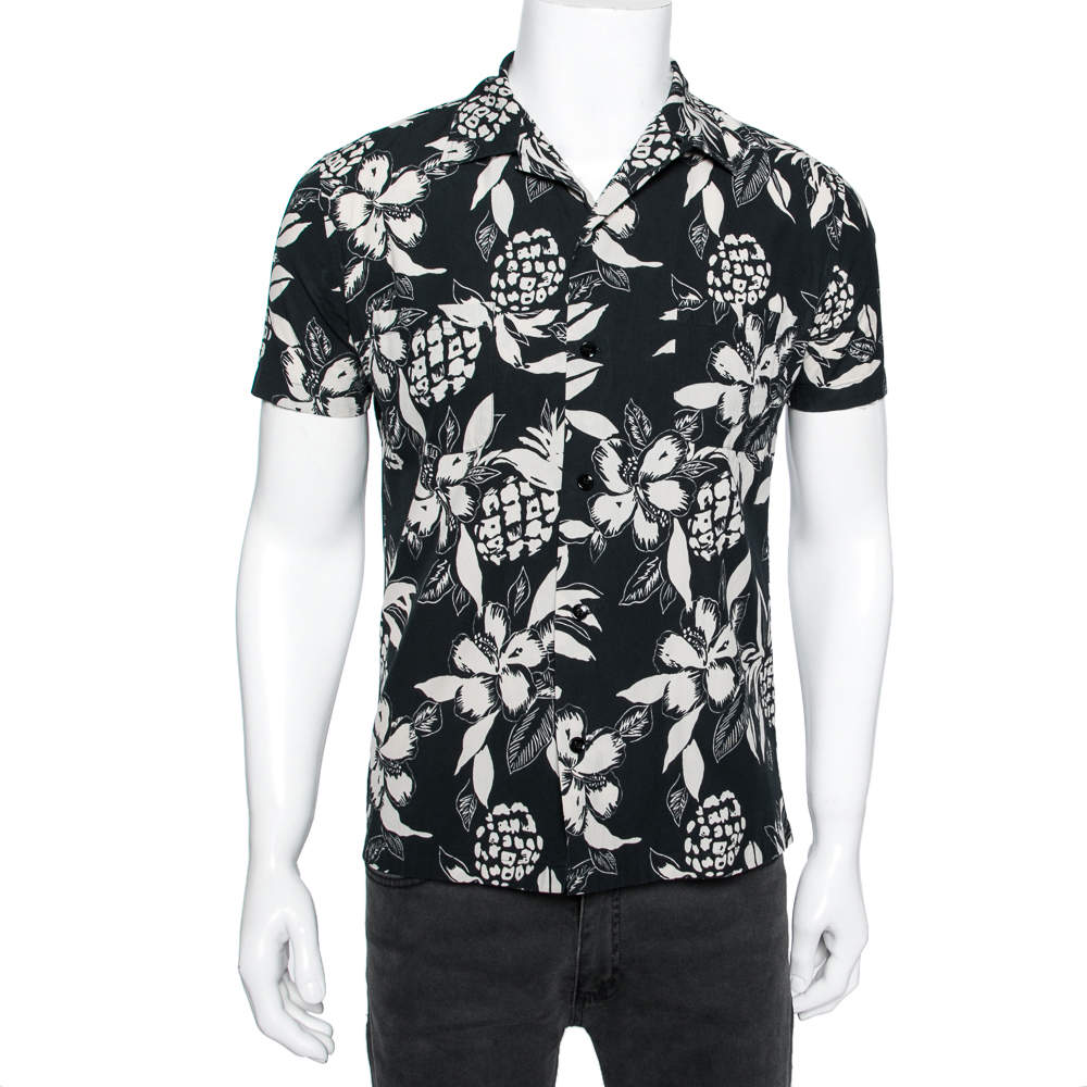 مملوكة مسبقًا Saint Laurent Black and White Printed Cotton Short Sleeve Shirt S