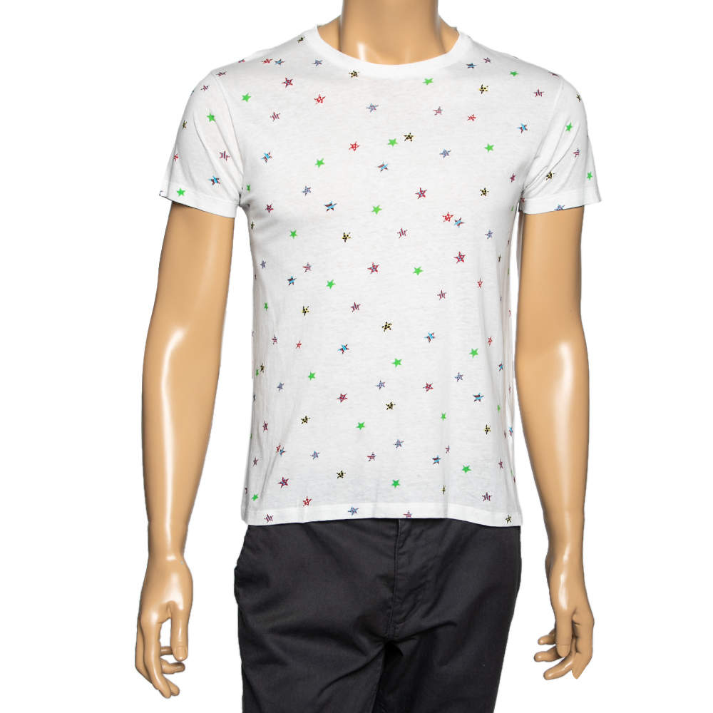 Saint Laurent White Cotton Star Printed Crew Neck Short Sleeve T-Shirt XS