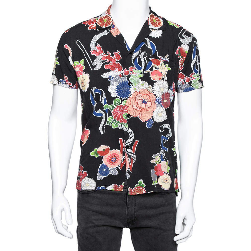 Saint Laurent Black Floral Printed Cotton Short Sleeve Love Bowling Shirt S