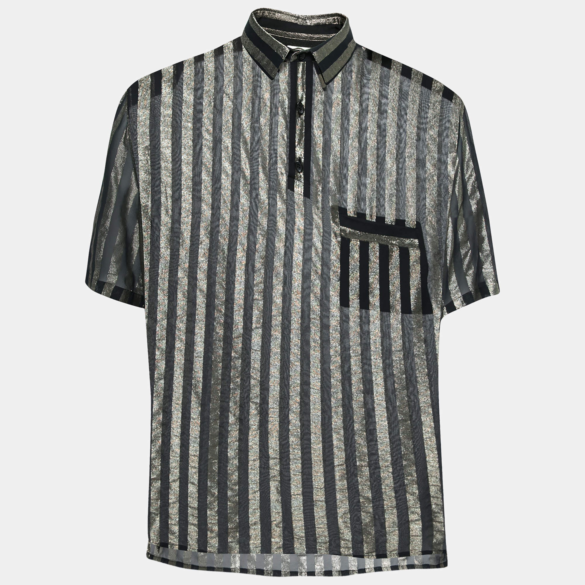 Pre Owned قميص سان لوران شفاف حرير مخطط لوركس أسود بأكمام قصيرة مقاس كبير جداً جداً ( إكس إكس لارج )