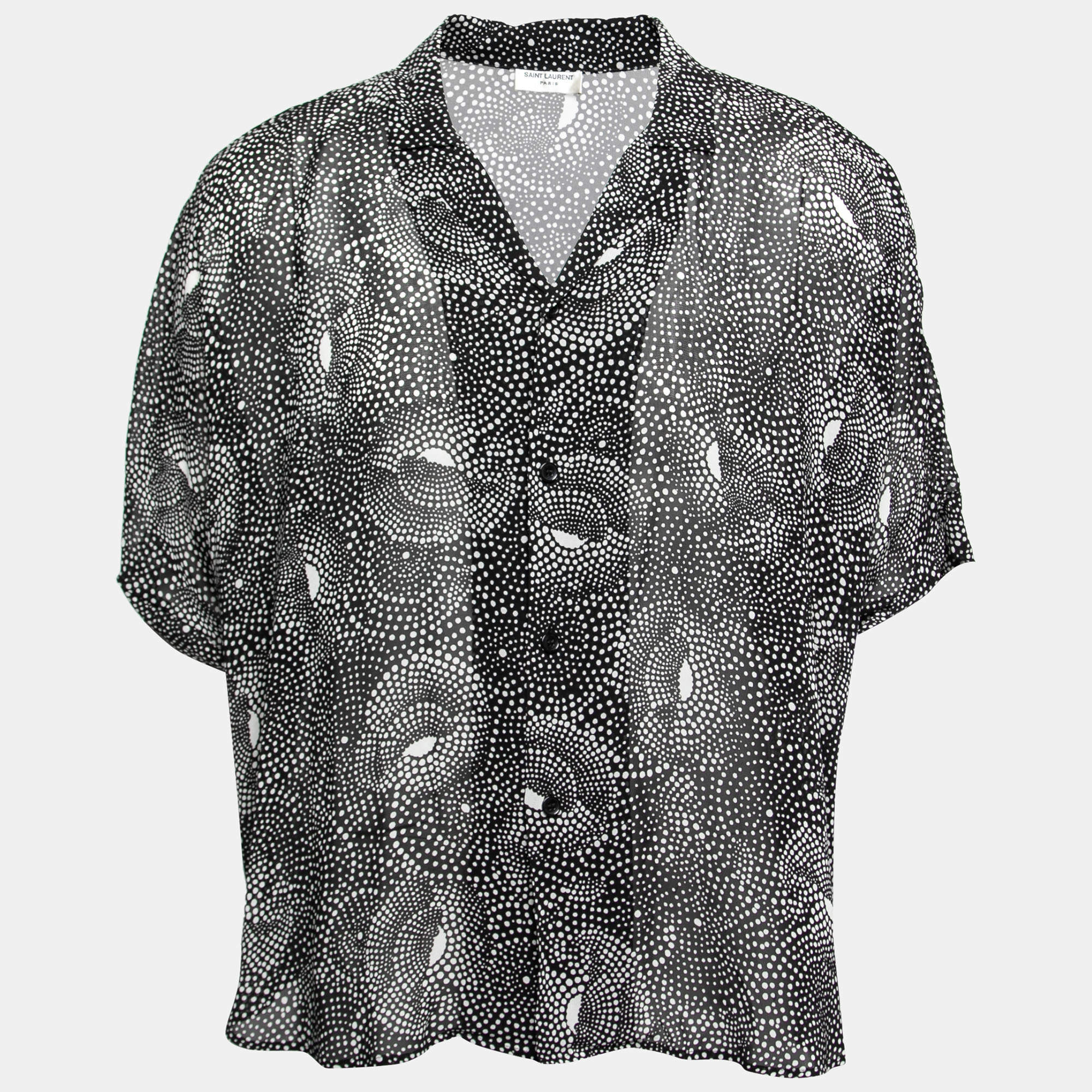 مملوكة مسبقًا Saint Laurent Monochrome Spiral Printed Georgette Short Sleeve Shirt XXL