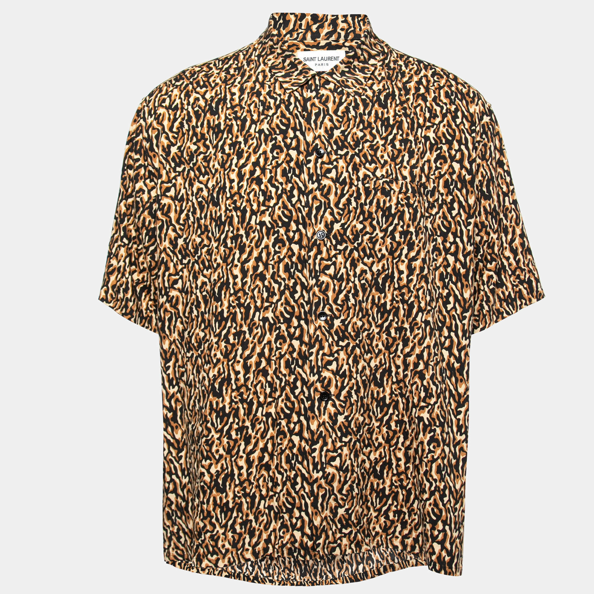 Pre Owned Saint Laurent Brown Abstract Leopard Print Crepe Short Sleeve Shirt XXXL