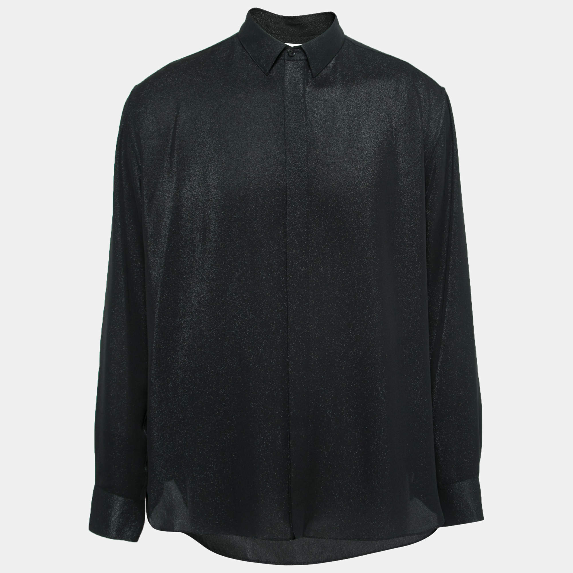 Saint Laurent Black Shiny Black Silk Button Front Shirt XL