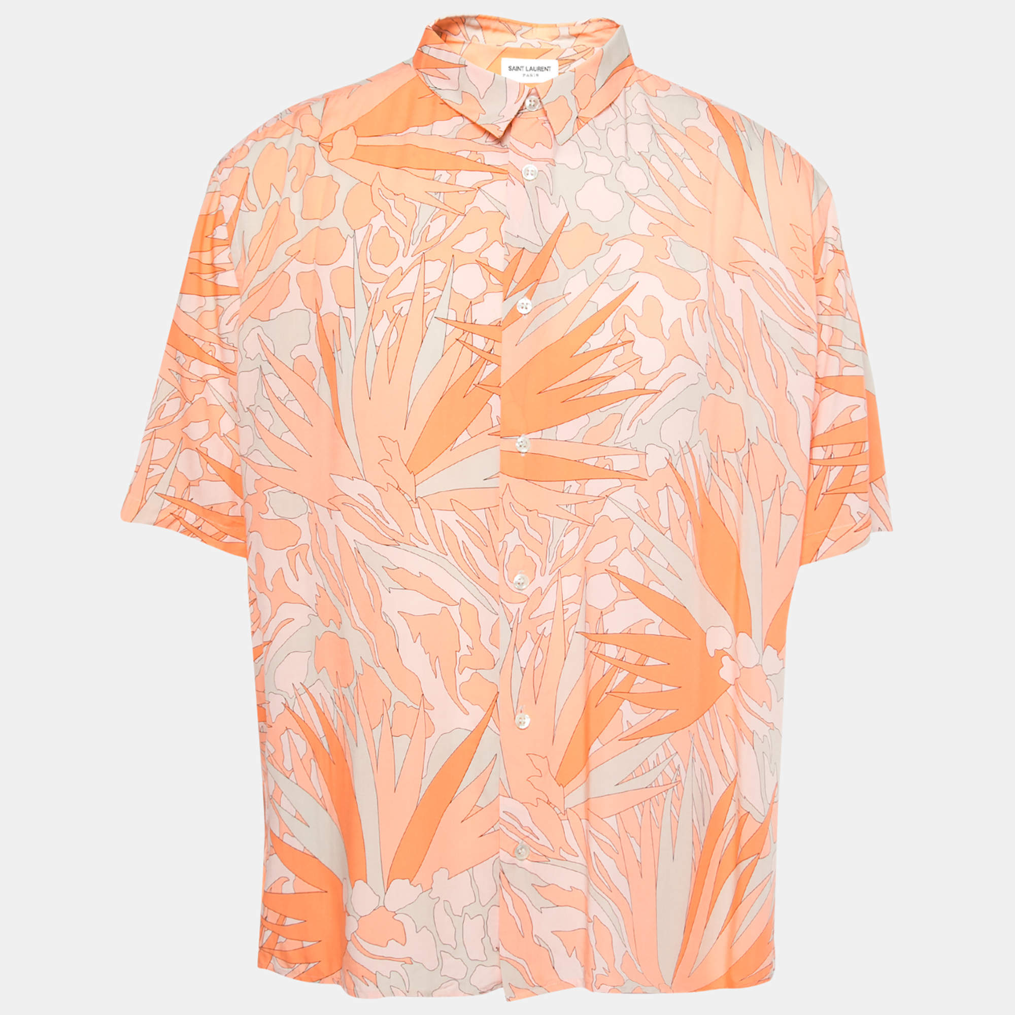 Pre Owned Saint Laurent Orange Printed Crepe Short Sleeve Shirt XXL