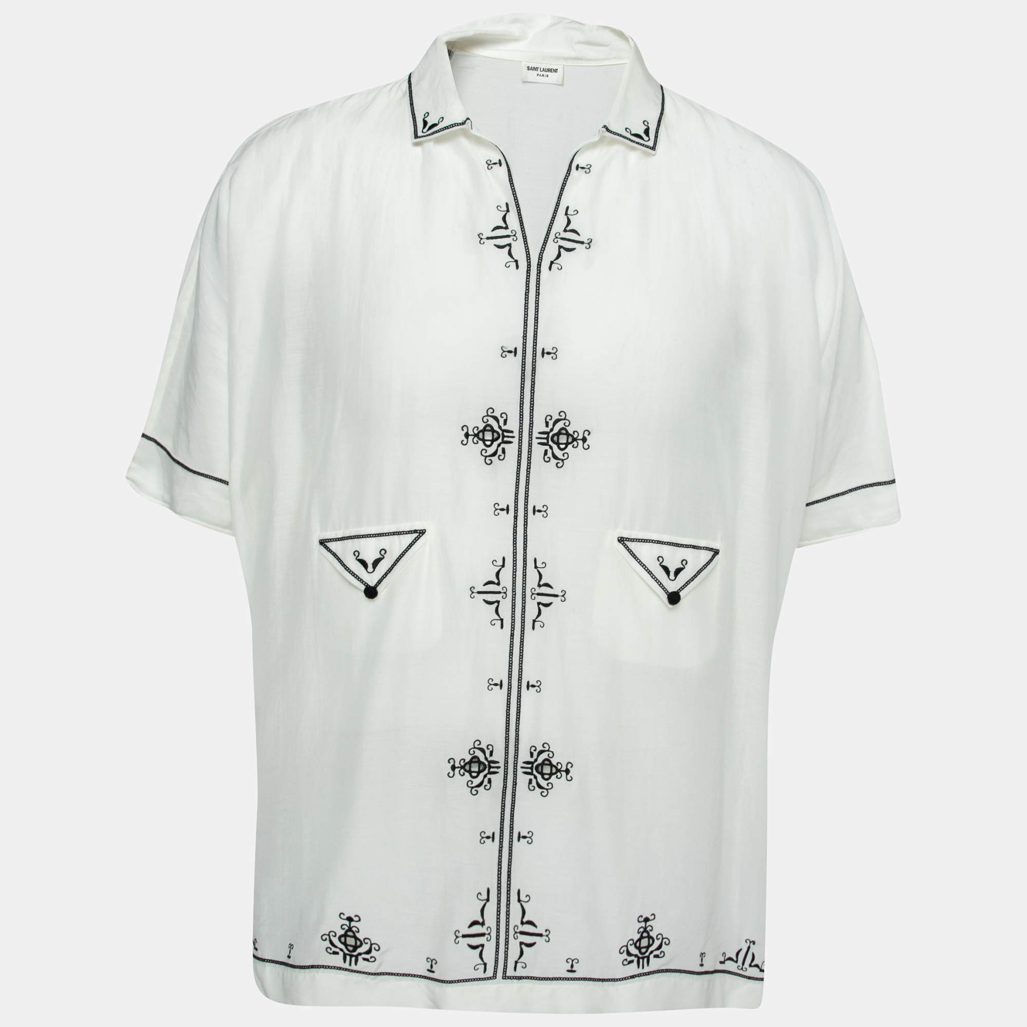 مملوكة مسبقًا تونيك سان لوران مطرز حرير وقطن أبيض مقاس كبير جداً جداً ( إكس إكس لارج )