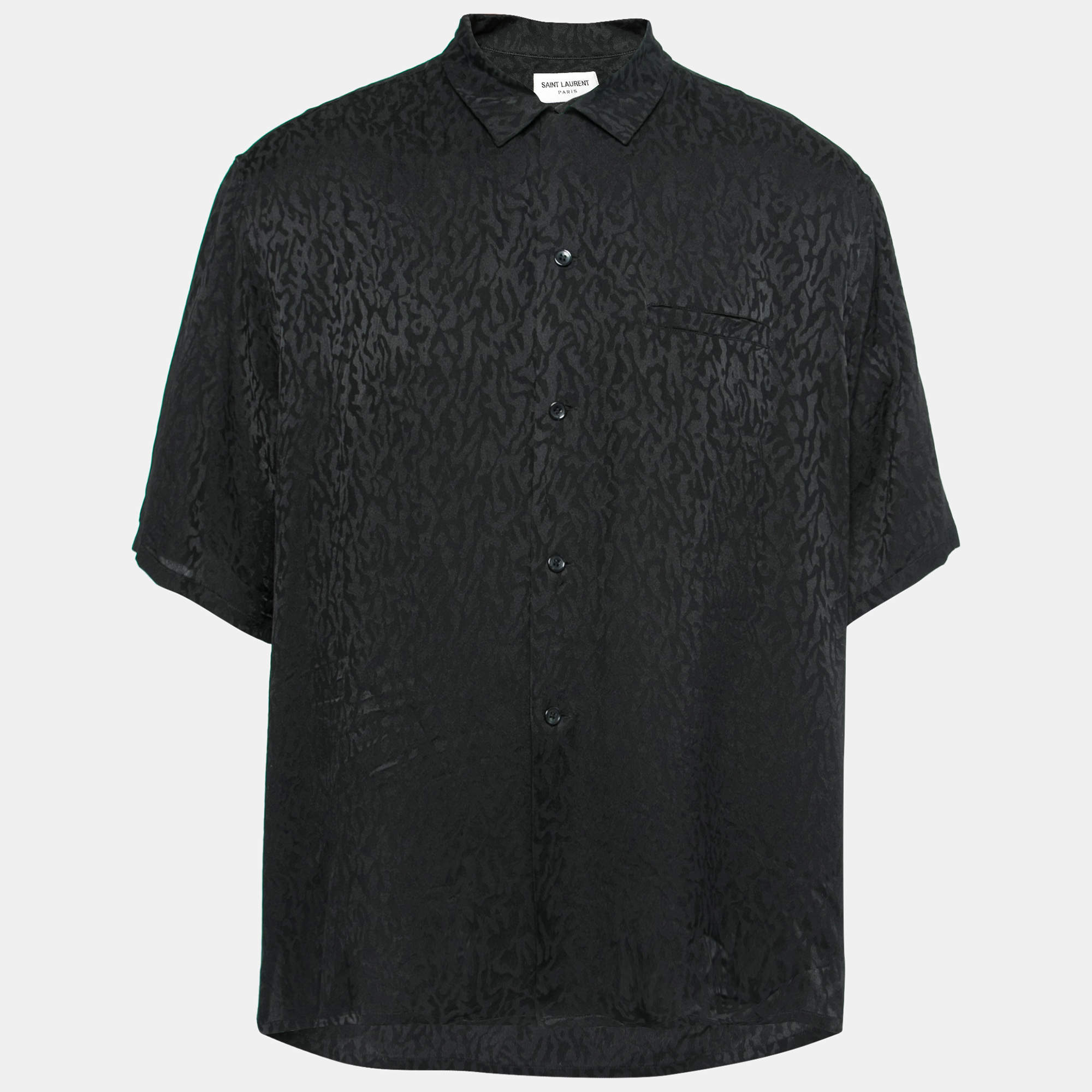 قميص سان لوران حرير أسود بأكمام قصيرة بأزرار أمامية مقاس كبير جدًا جدًا جدًا - إكس إكس إكس لارج