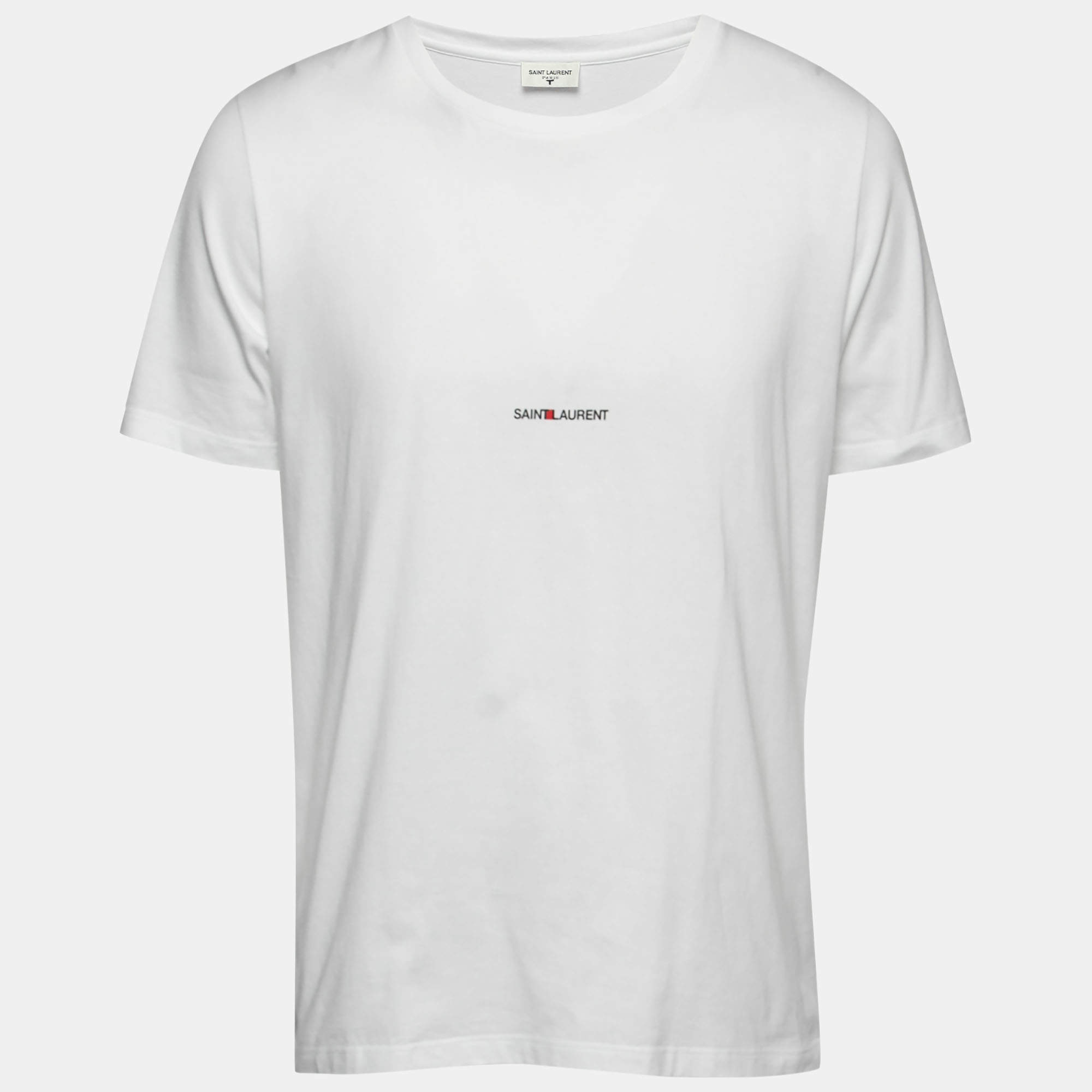 Pre Owned Saint Laurent White Logo Print Cotton T-Shirt XL