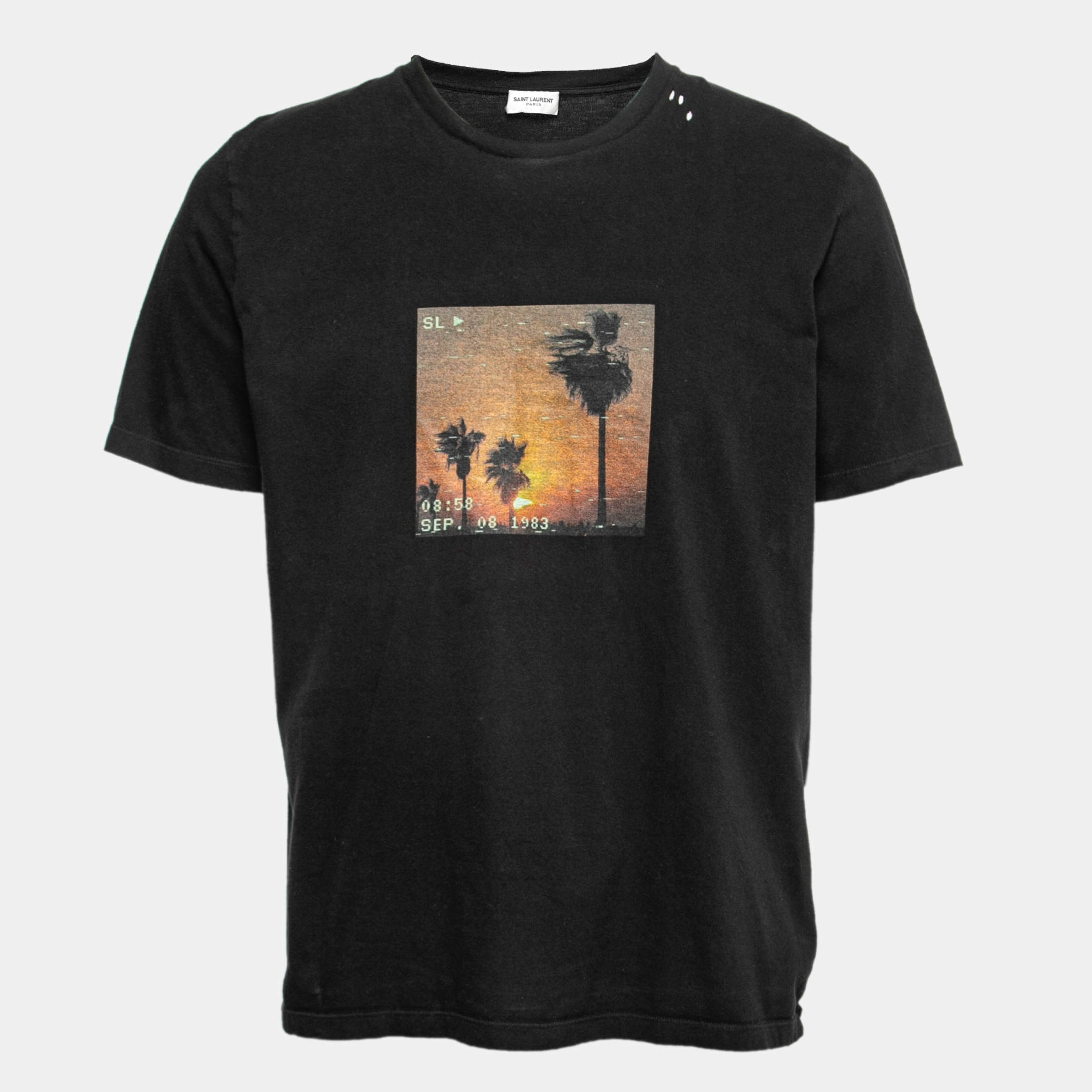 Saint Laurent Paris Black Palm Tree Printed Cotton T Shirt L 