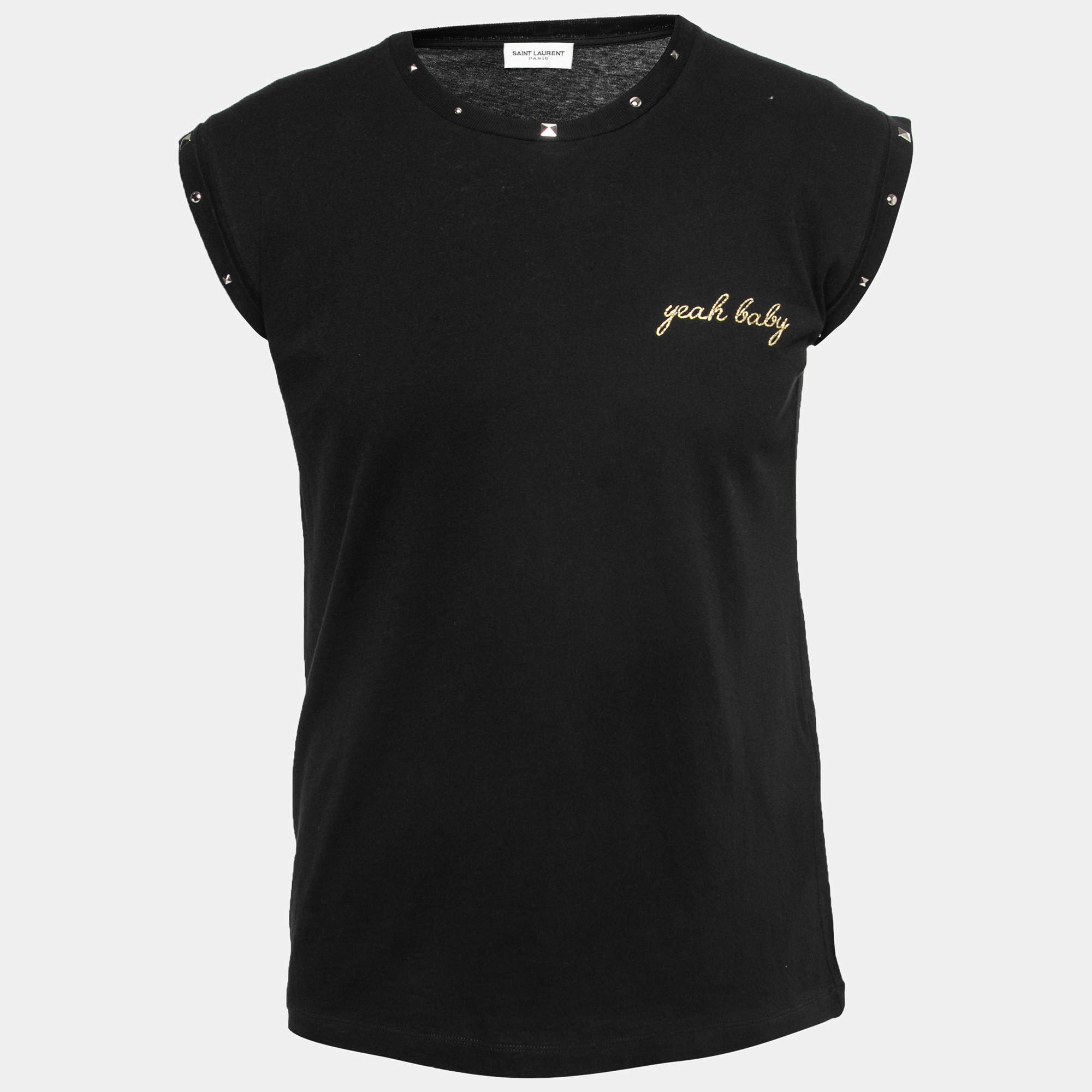 Pre Owned Saint Laurent Black Stud Embellished Cotton Round Neck T-Shirt XS