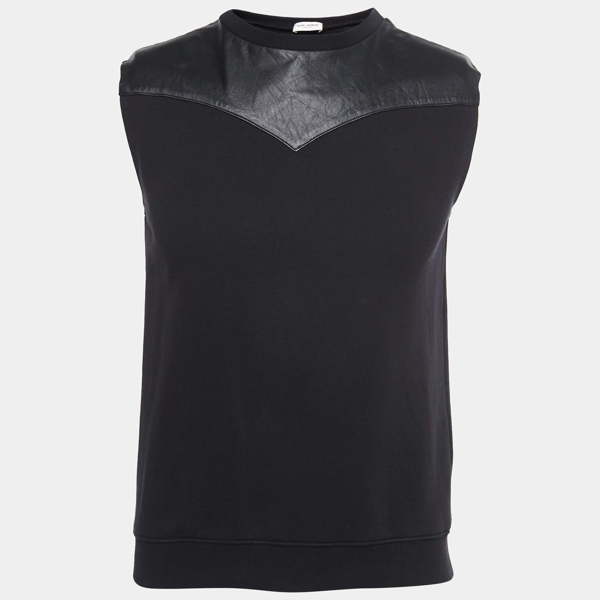 Pre Owned Saint Laurent Black Cotton & Leather Sleeveless Pullover S