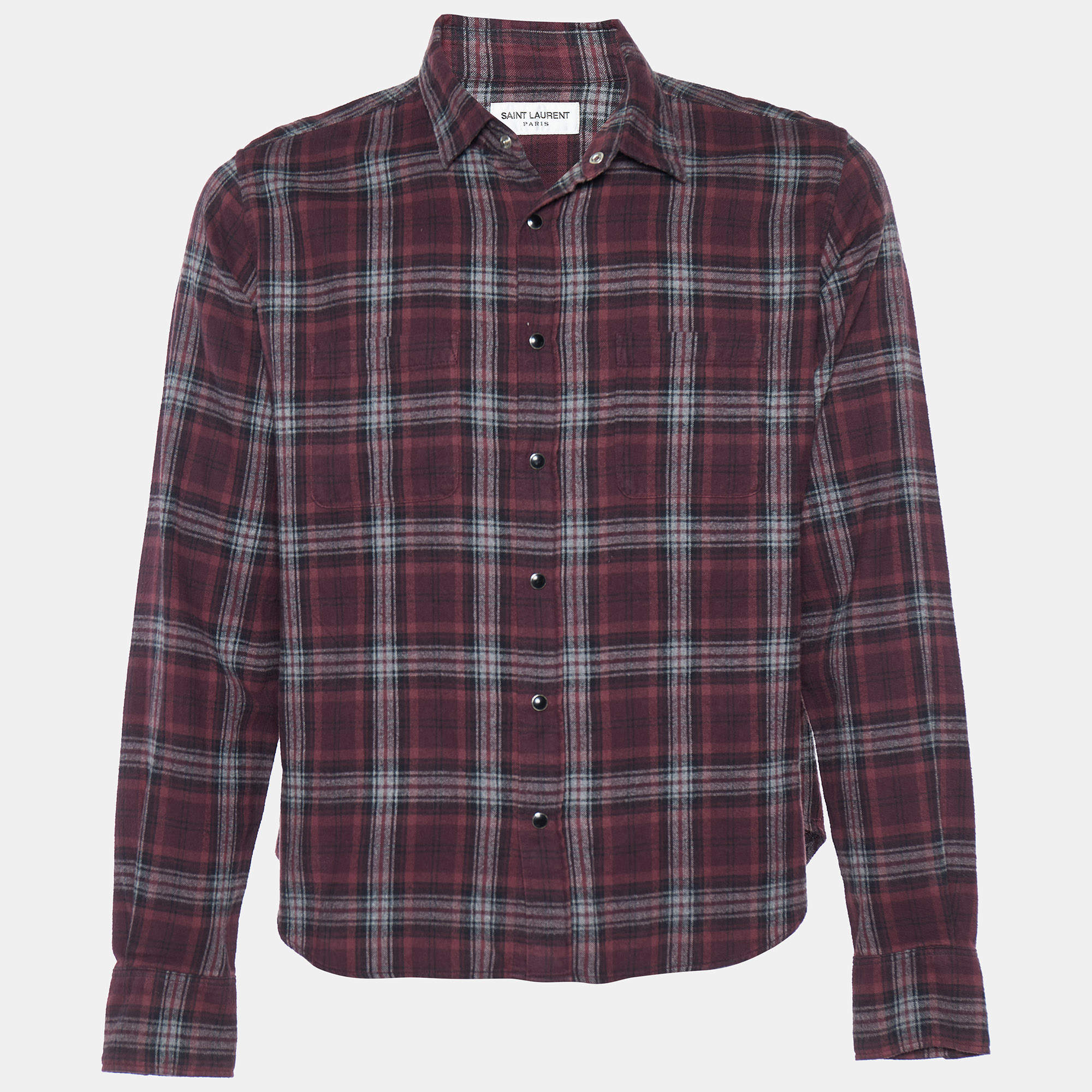 Pre Owned Saint Laurent Burgundy Checked Cotton Button Front Shirt S
