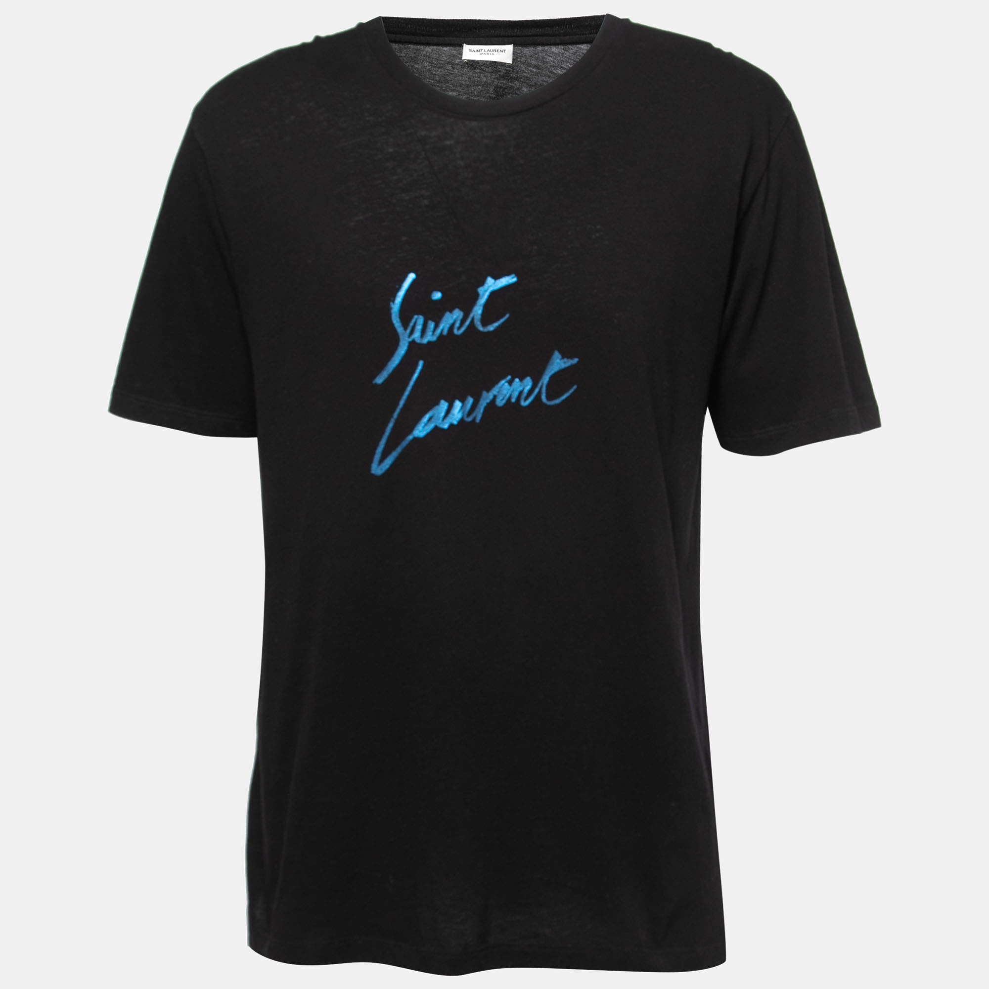 Pre Owned Saint Laurent Paris Black Signature Print Cotton Crew Neck T-Shirt S