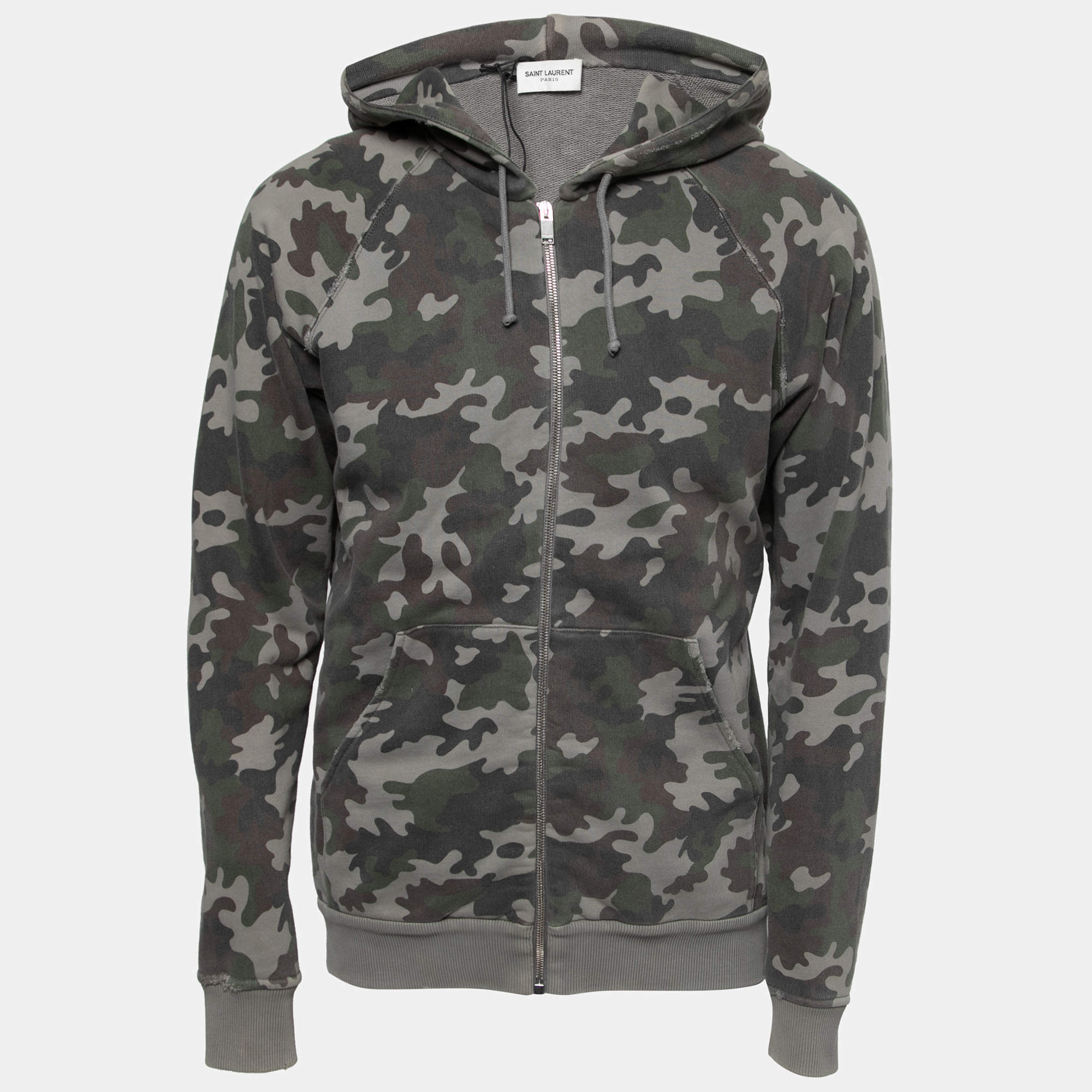 Saint Laurent Grey Camouflage Print Distressed Cotton Hoodie XL