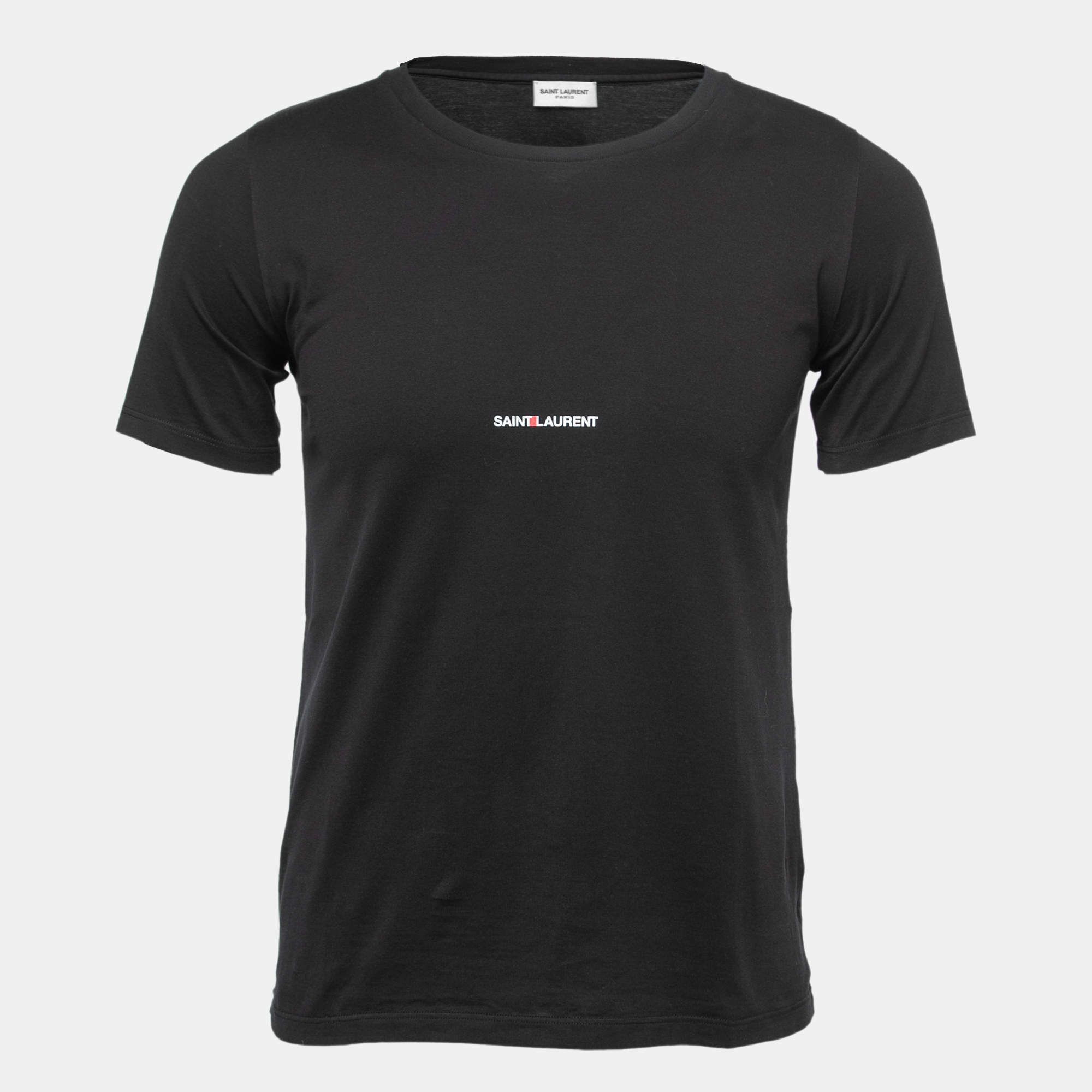 Pre Owned Saint Laurent Black Logo Print Cotton Crew Neck T-Shirt S