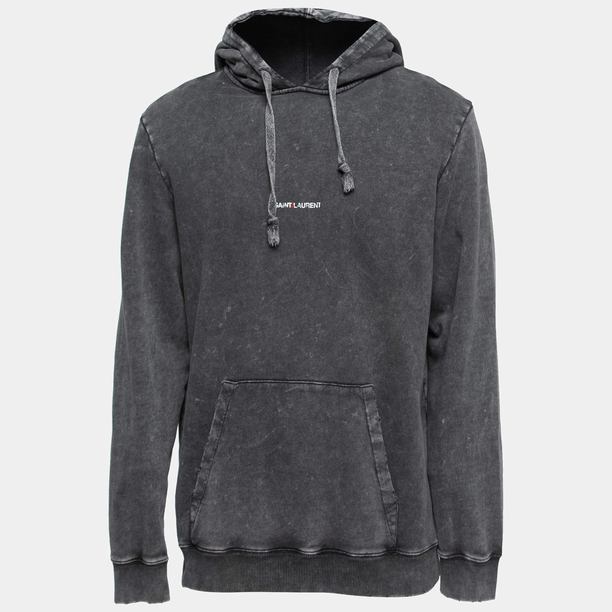 Saint Laurent Grey Distressed Cotton Logo Print Hoodie M