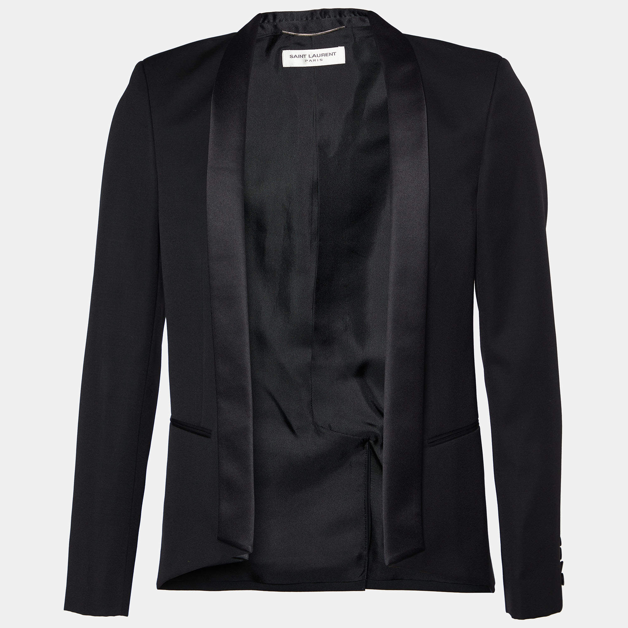 Saint Laurent Black Wool & Satin trim Open Front Blazer M