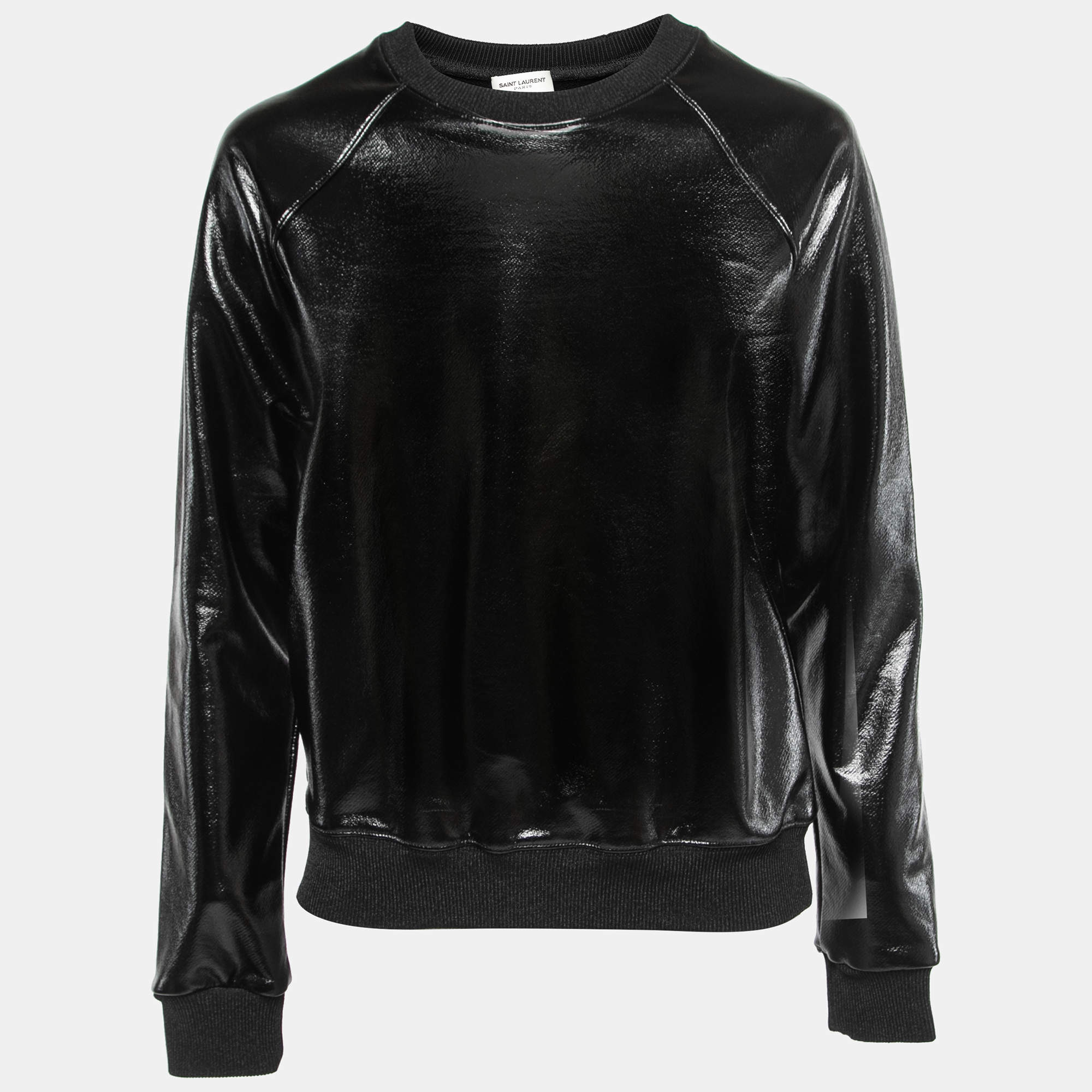 Pre Owned Saint Laurent Black Lacquer Coated Cotton Crew Neck Sweatshirt XS