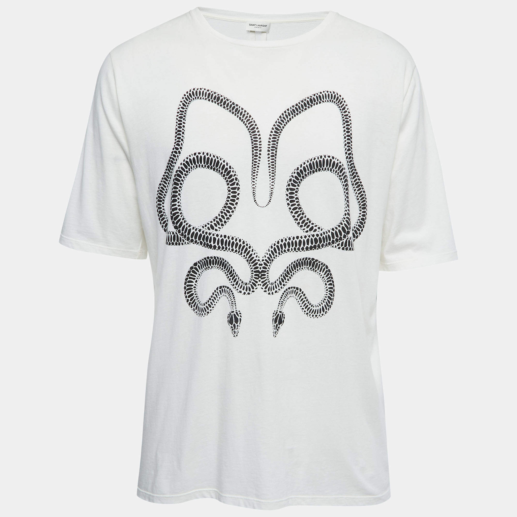 Saint Laurent Paris Off-White Snake Print Cotton Crew Neck Surf Fit T-Shirt S