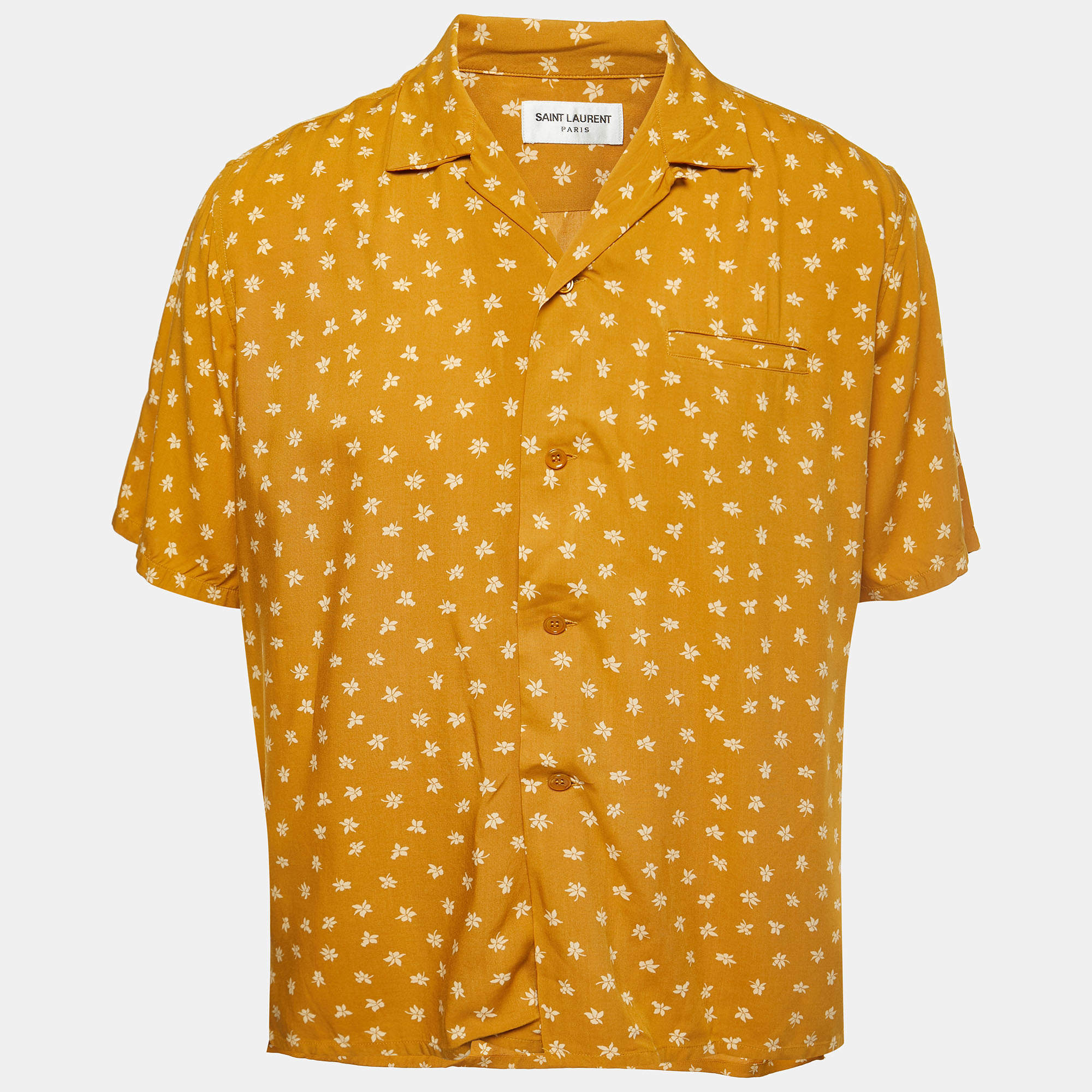 Saint Laurent Paris Mustard Yellow Floral All-Over Motif Crepe Button Front Half Sleeve Shirt M