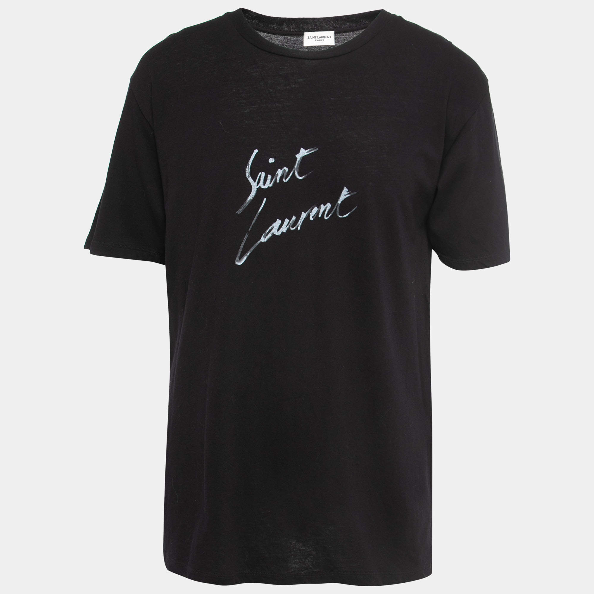 Pre Owned Saint Laurent Black Signature Logo Print Cotton Crew Neck T-Shirt M