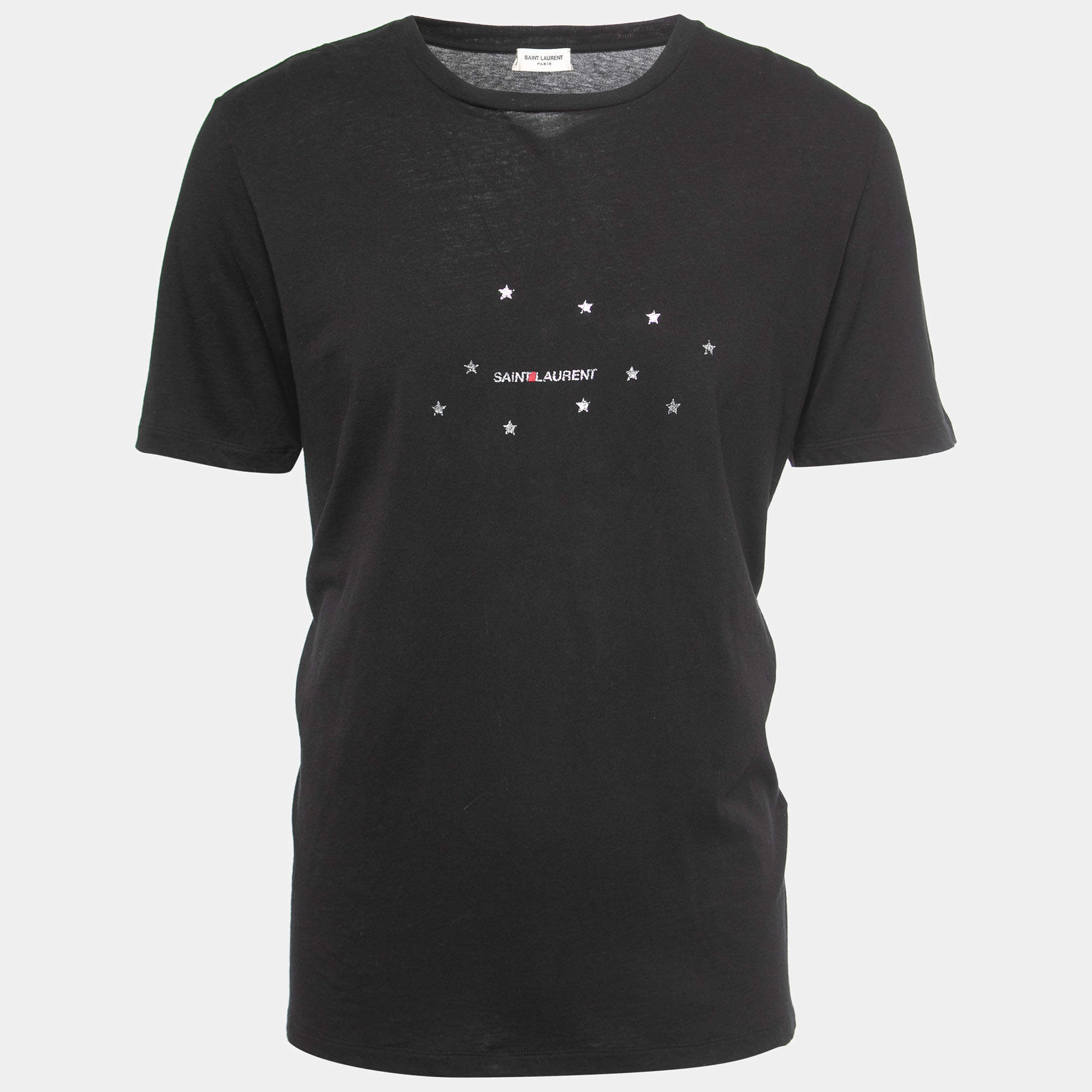 Pre Owned Saint Laurent Paris Black Stars Archive Logo Print Cotton Crew Neck T-Shirt M