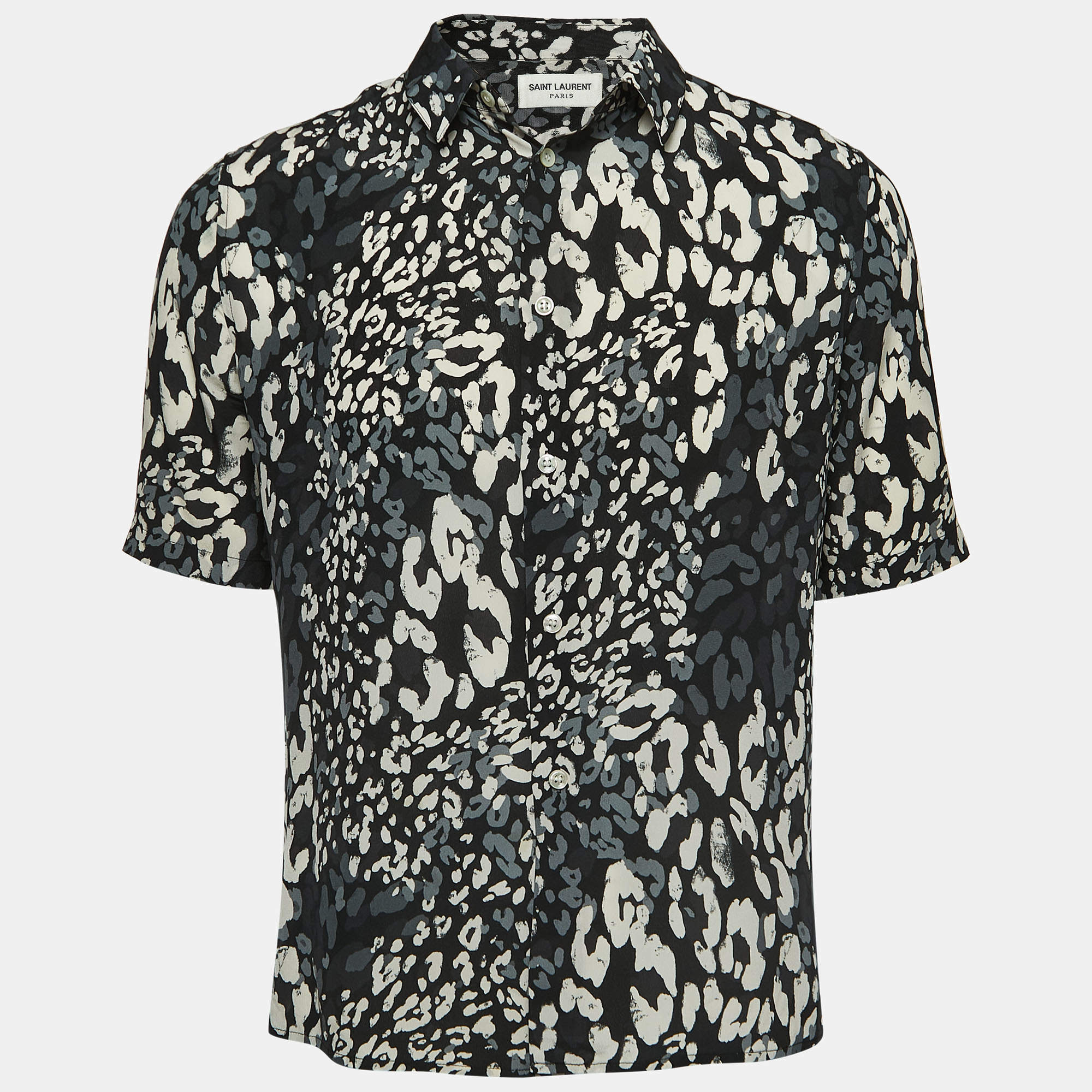 Pre Owned Saint Laurent Paris Black Leopard Printed Silk Short Sleeve Shirt S